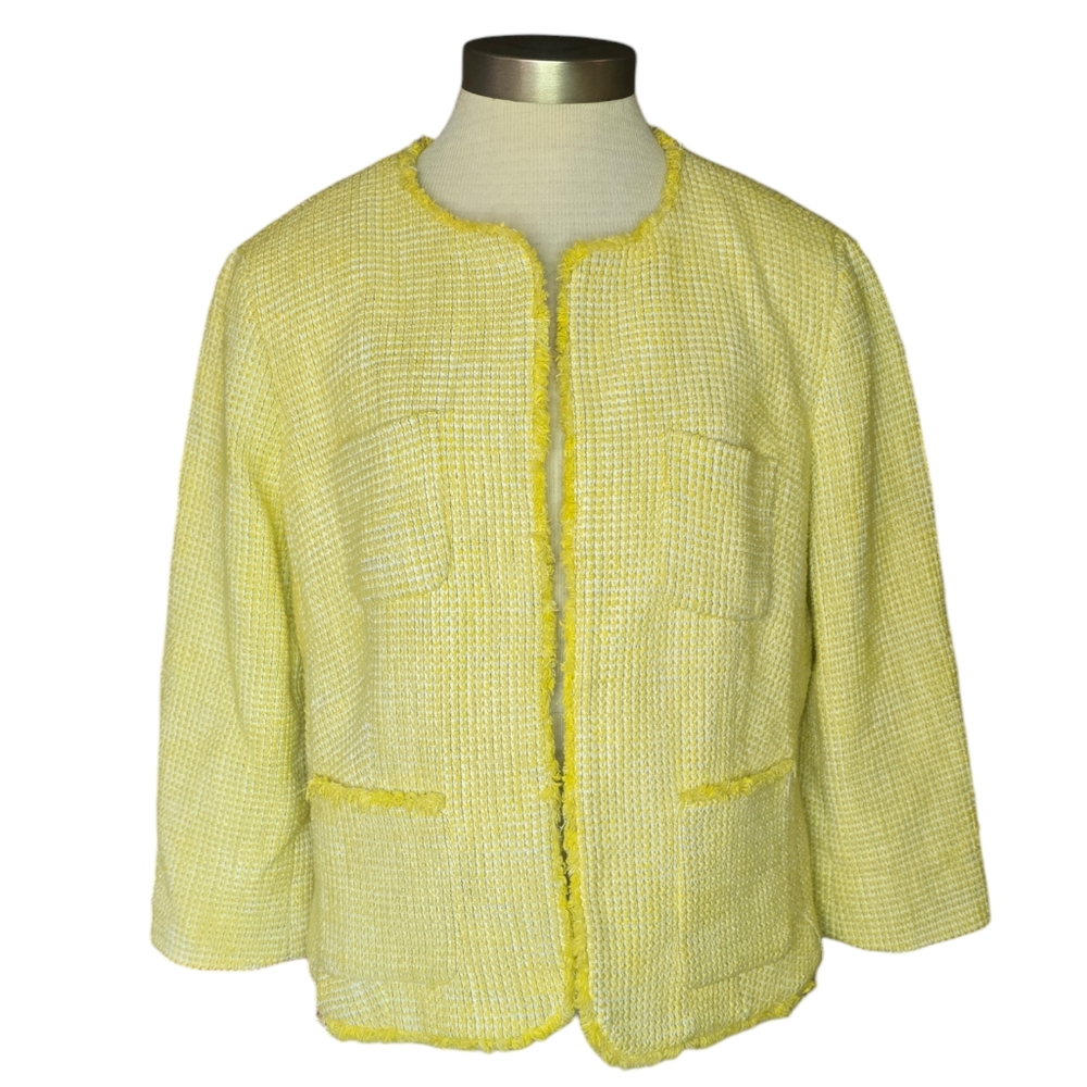 Talbots Knit tweed Blazer Womens Yellow Cardigan Jacket Pockets size 16P